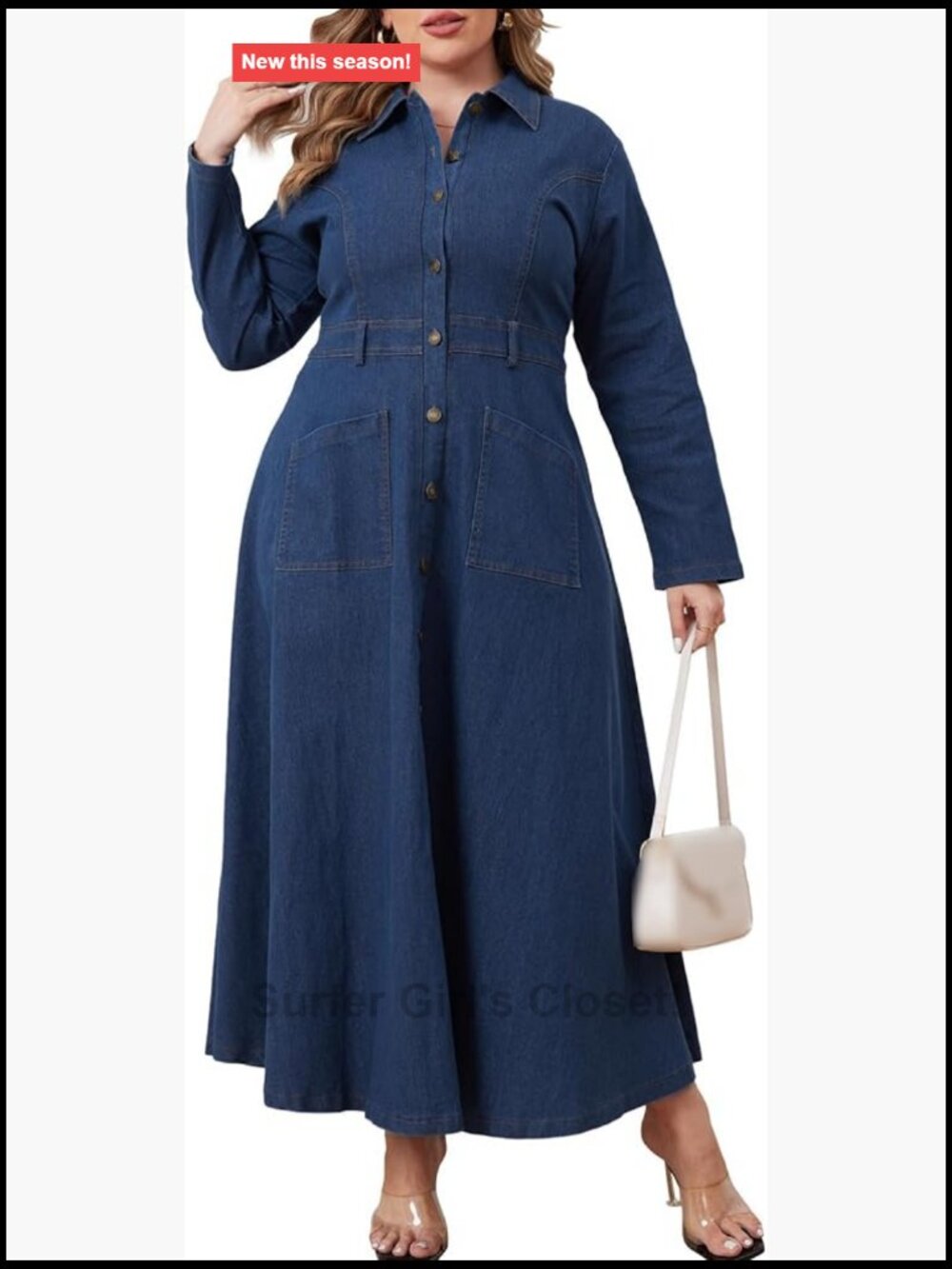 Women's Plus Size Denim Maxi Dress Button Down Shirt Dress